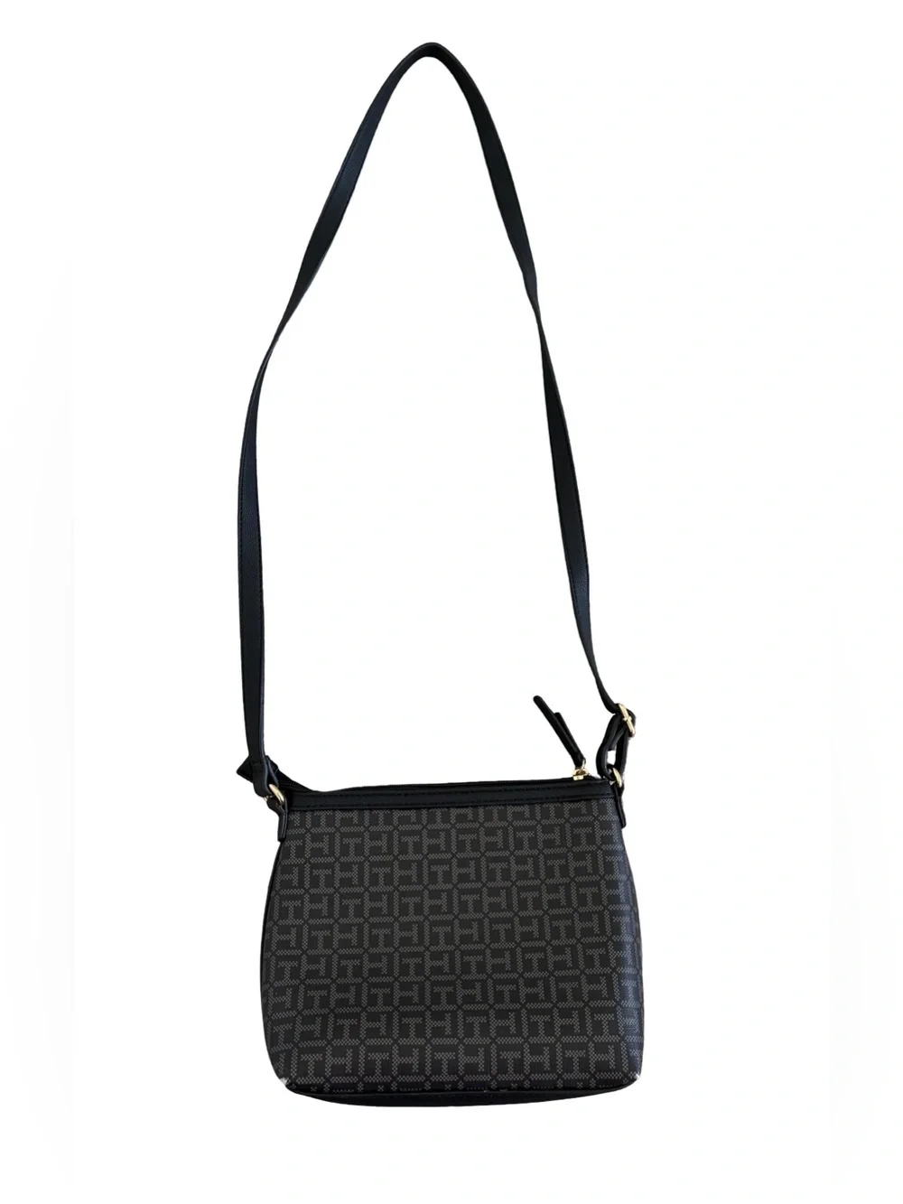 Tommy Hilfiger Branded Black Monogram Crossbody Bag with Gold Hardware